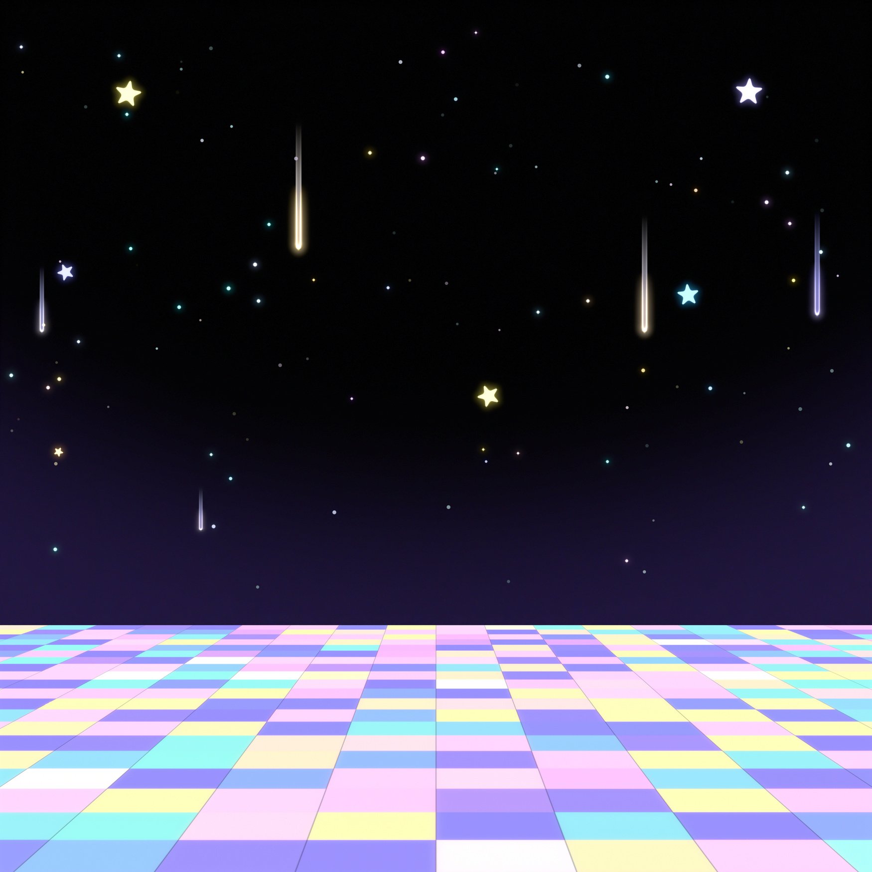 Cartoon disco floor and shooting stars in the dark